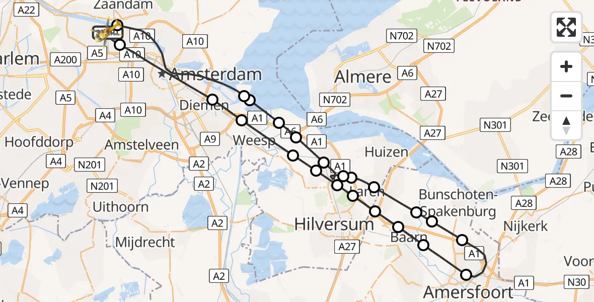 Vluchtroute Traumahelikopter van Amsterdam Heliport naar Amsterdam Heliport