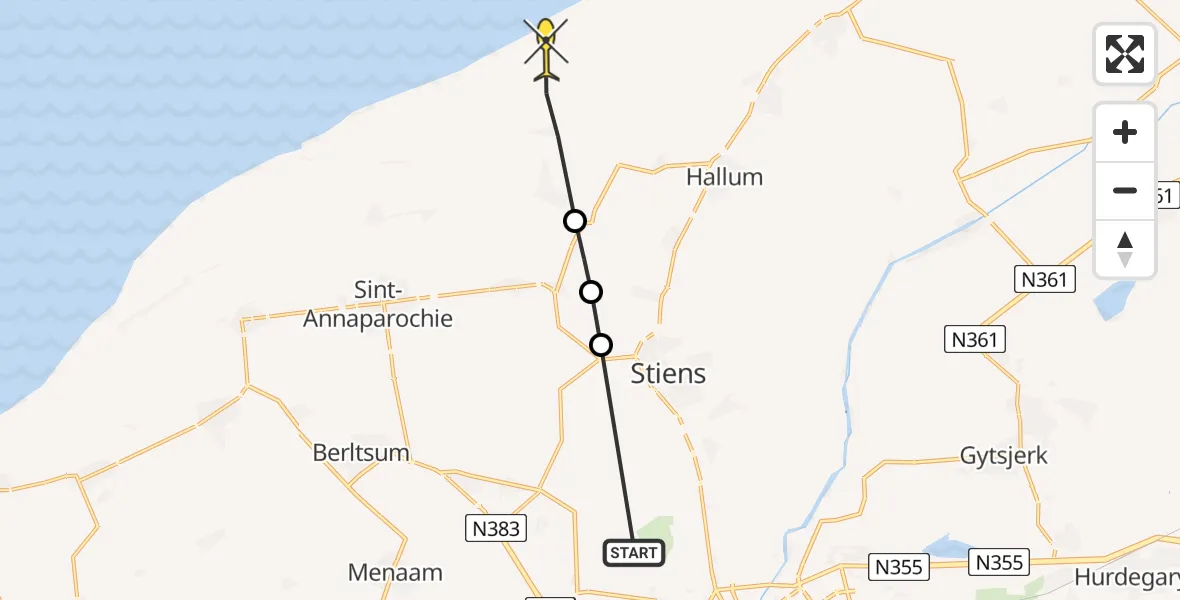 Routekaart van de vlucht: Ambulancehelikopter naar Oudebildtzijl, Bûtenskilwei