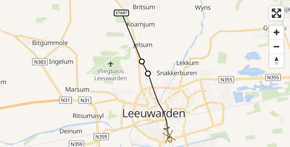 Routekaart van de vlucht: Ambulancehelikopter naar Leeuwarden, Jelsumer Binnenpaed