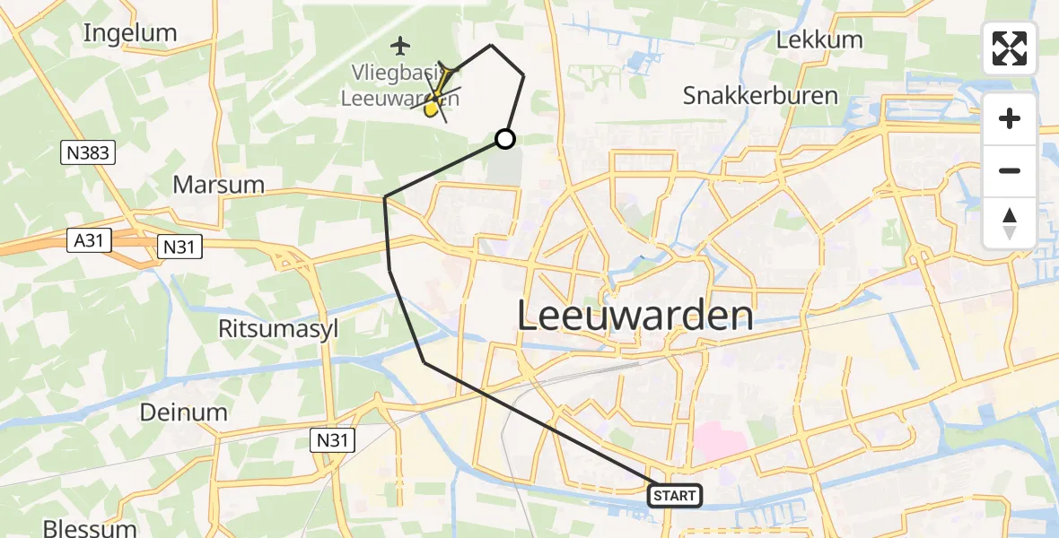 Vluchtroute Ambulancehelikopter van Leeuwarden naar Vliegbasis Leeuwarden