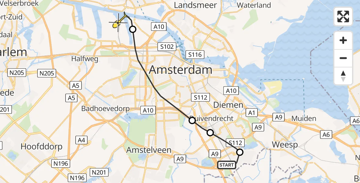 Routekaart van de vlucht: Lifeliner 1 naar Amsterdam Heliport, Slichtenhorststraat