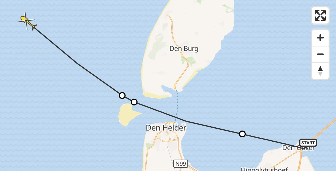 Routekaart van de vlucht: Kustwachthelikopter naar Sluismeester A. de Visserstraat