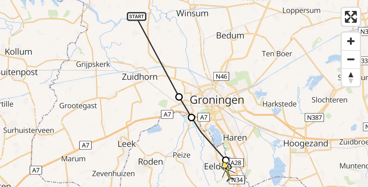 Routekaart van de vlucht: Lifeliner 4 naar Groningen Airport Eelde, Aduarderdiepsterweg