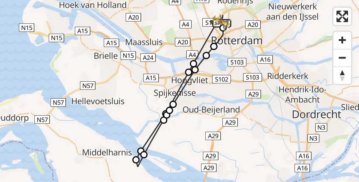 Vluchtroute Traumahelikopter Rotterdam The Hague Airport - Rotterdam The Hague Airport, 24 februari 2024, 19:24
