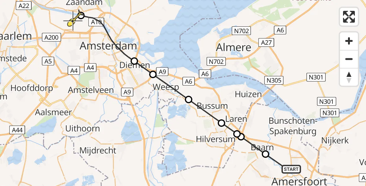 Routekaart van de vlucht: Lifeliner 1 naar Amsterdam Heliport, Weerhorsterwetering