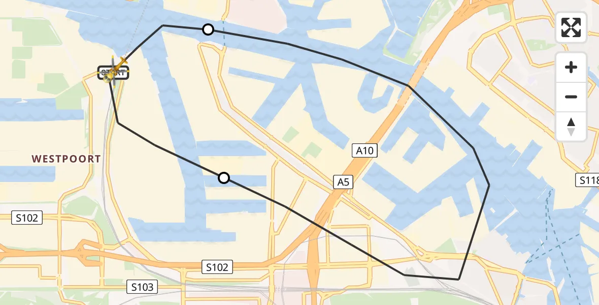 Vluchtroute Traumahelikopter van Amsterdam Heliport naar Amsterdam Heliport