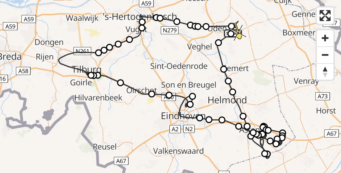 Routekaart van de vlucht: Politieheli naar Vliegbasis Volkel, Antoniusstraat