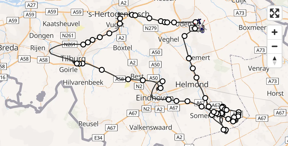 Vluchtroute Politiehelikopter van Vliegbasis Volkel naar Vliegbasis Volkel