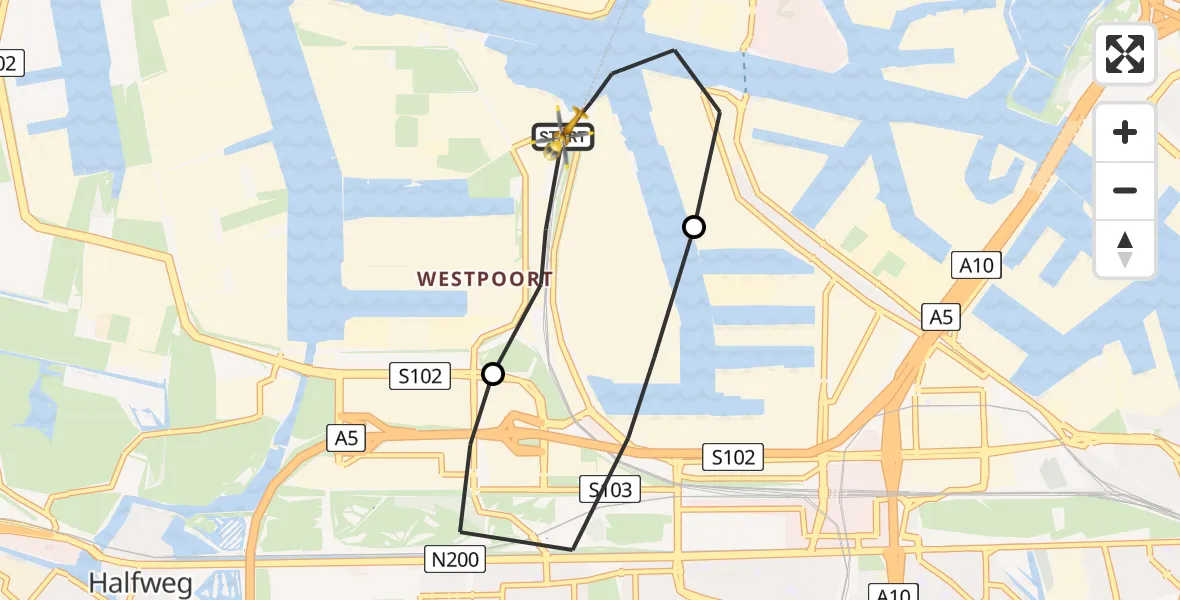 Vluchtroute Traumahelikopter van Amsterdam Heliport naar Amsterdam Heliport