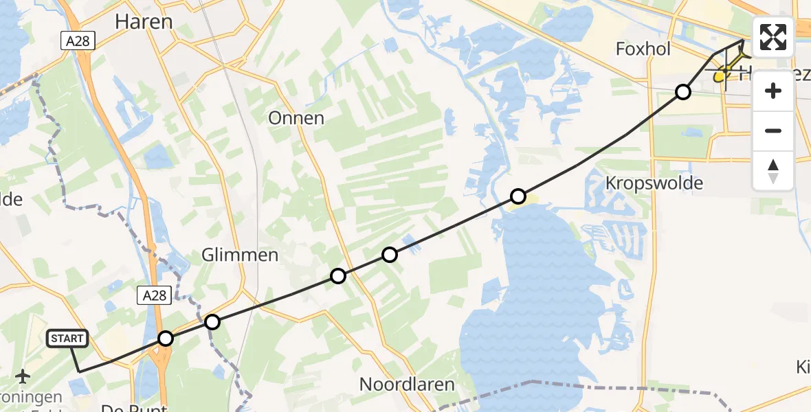 Routekaart van de vlucht: Lifeliner 4 naar Hoogezand, Burgemeester J.G. Legroweg