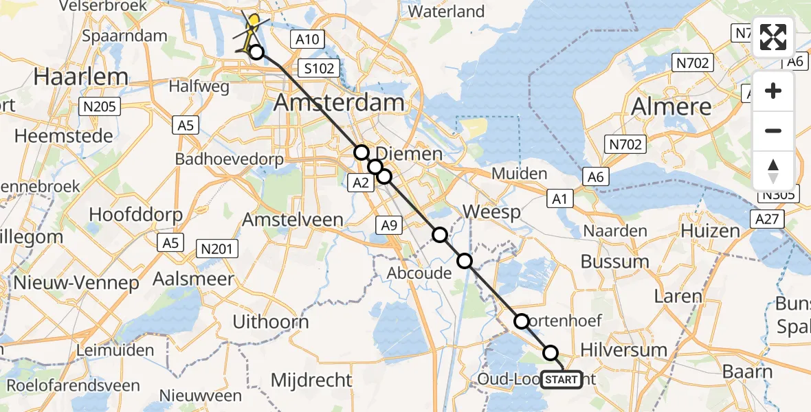 Routekaart van de vlucht: Lifeliner 1 naar Amsterdam Heliport, Vreelandseweg