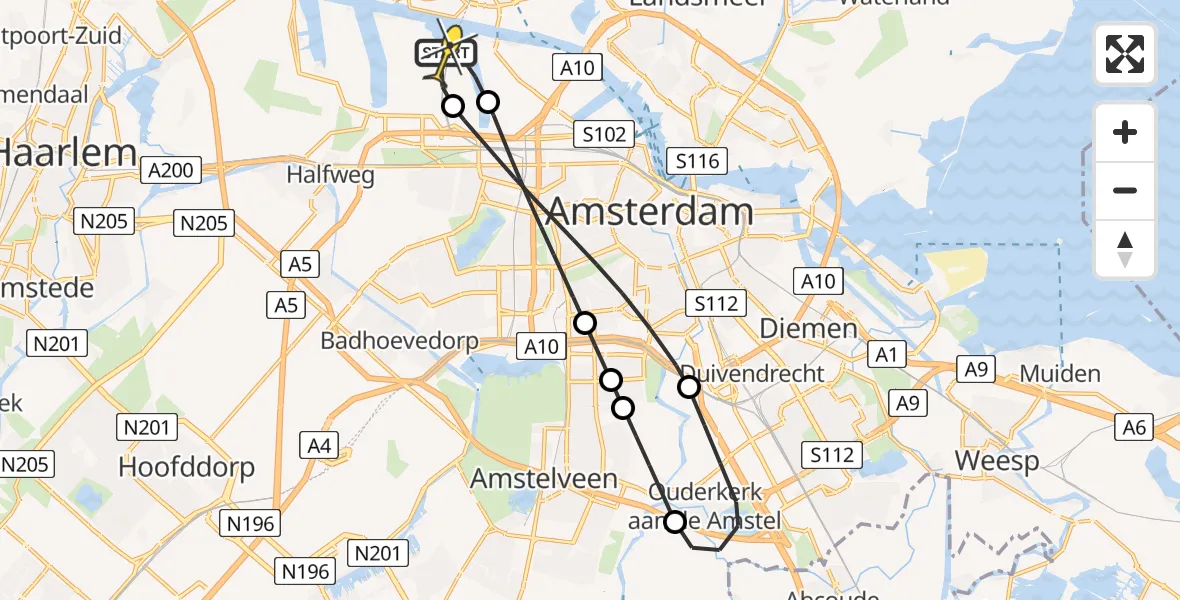 Routekaart van de vlucht: Lifeliner 1 naar Amsterdam Heliport, Westhaven