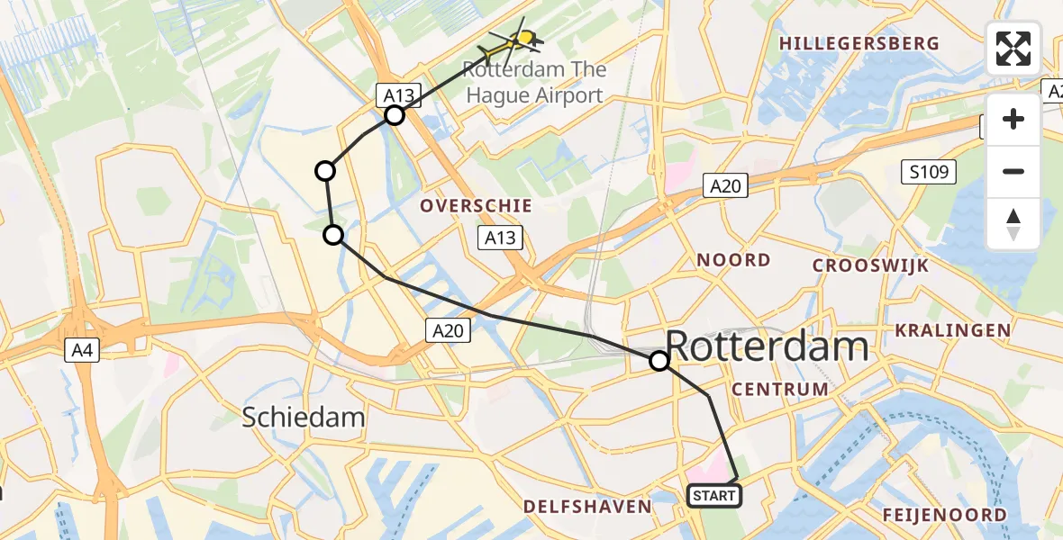 Routekaart van de vlucht: Lifeliner 2 naar Rotterdam The Hague Airport, Gaffelstraat