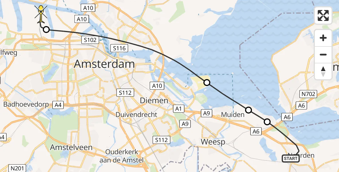 Routekaart van de vlucht: Lifeliner 1 naar Amsterdam Heliport, Admiraal Helfrichweg