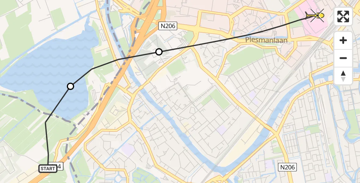 Routekaart van de vlucht: Lifeliner 2 naar Leiden, J. Pellenbargweg