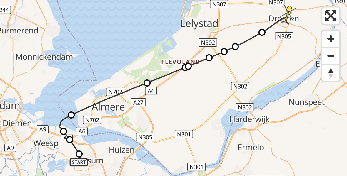 Routekaart van de vlucht: Lifeliner 1 naar Dronten, Naardermeer