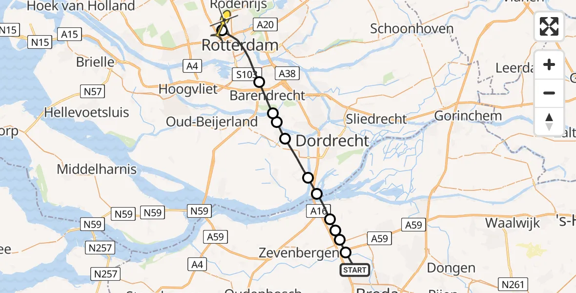 Routekaart van de vlucht: Lifeliner 2 naar Rotterdam The Hague Airport, Hooijdonkseweg