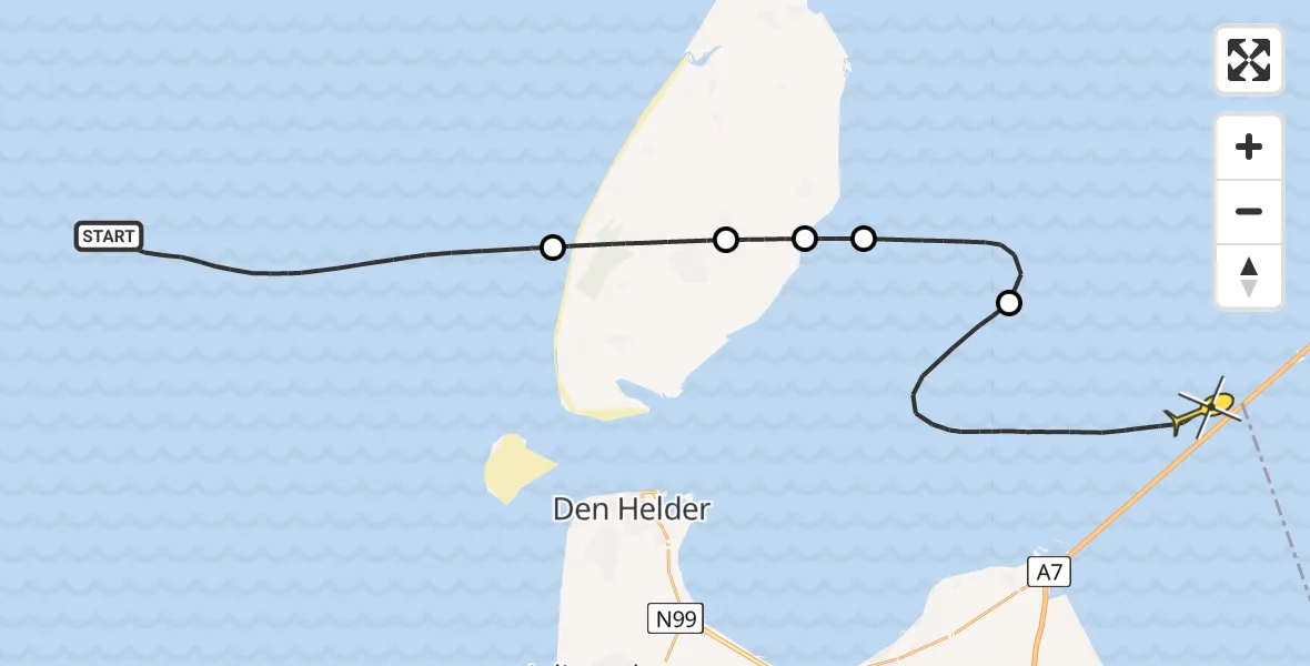Routekaart van de vlucht: Kustwachthelikopter naar Den Oever, Vaarwater langs de Afsluitdijk