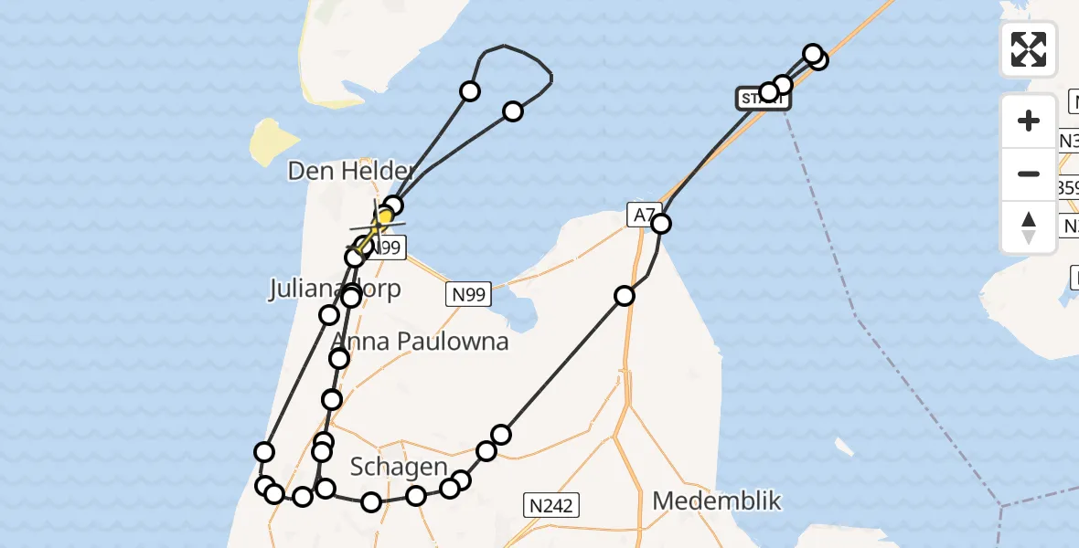 Routekaart van de vlucht: Kustwachthelikopter naar Vliegveld De Kooy, Noorderhaven