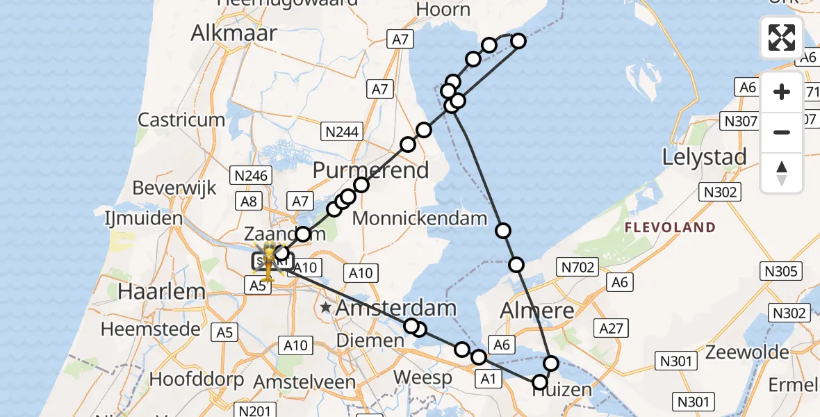 Vluchtroute Traumahelikopter van Amsterdam Heliport naar Amsterdam Heliport