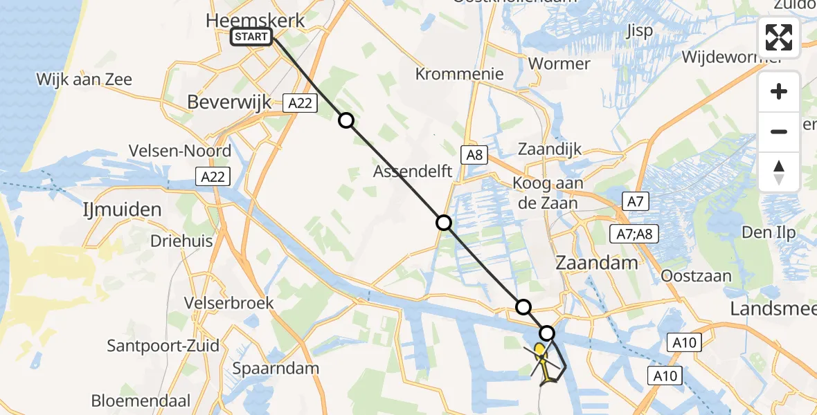 Routekaart van de vlucht: Lifeliner 1 naar Amsterdam Heliport, Zuidermaatweg