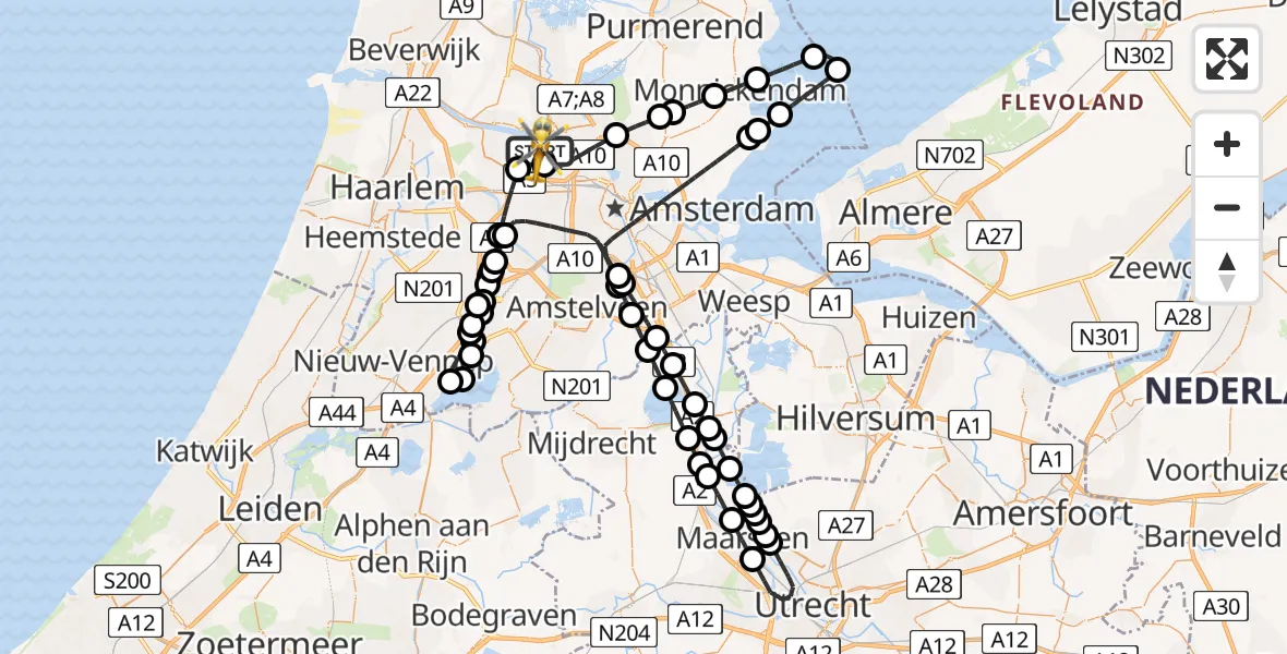 Vluchtroute Traumahelikopter van Amsterdam Heliport naar Amsterdam Heliport
