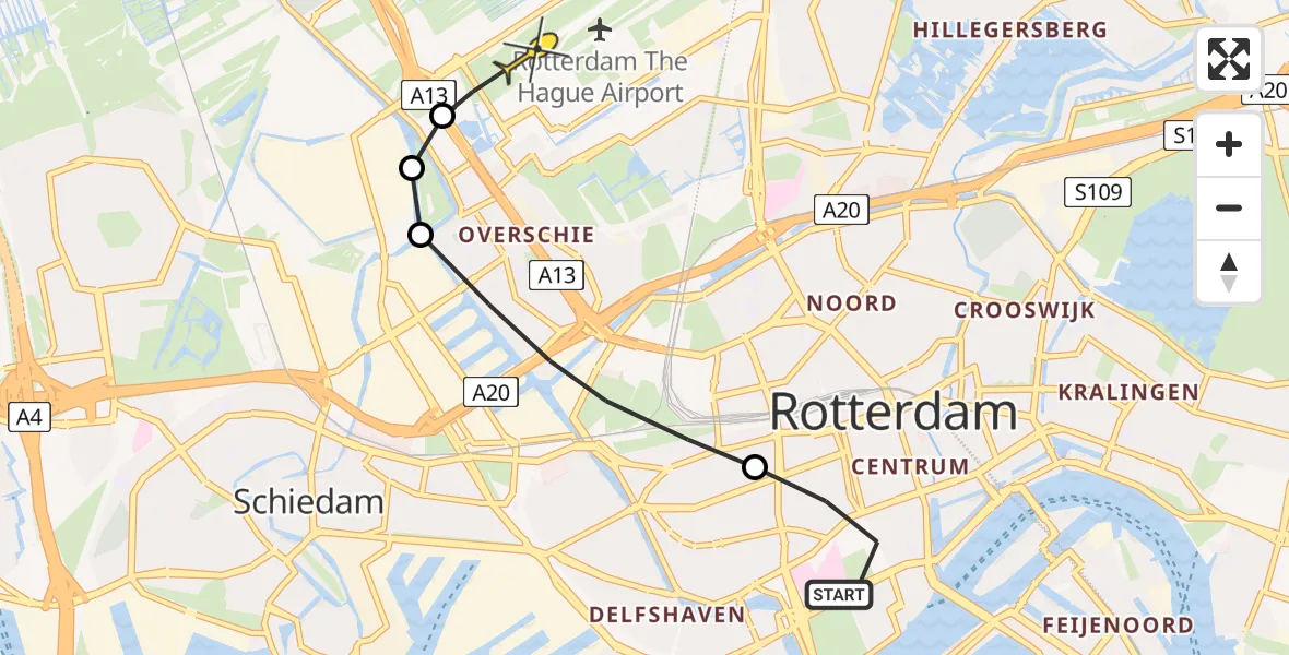 Routekaart van de vlucht: Lifeliner 2 naar Rotterdam The Hague Airport, Gouvernestraat