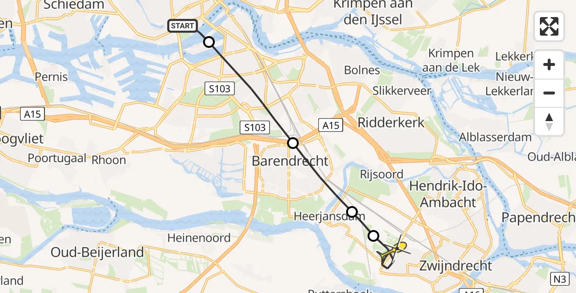 Routekaart van de vlucht: Lifeliner 2 naar Zwijndrecht, Rijnhavenbrug
