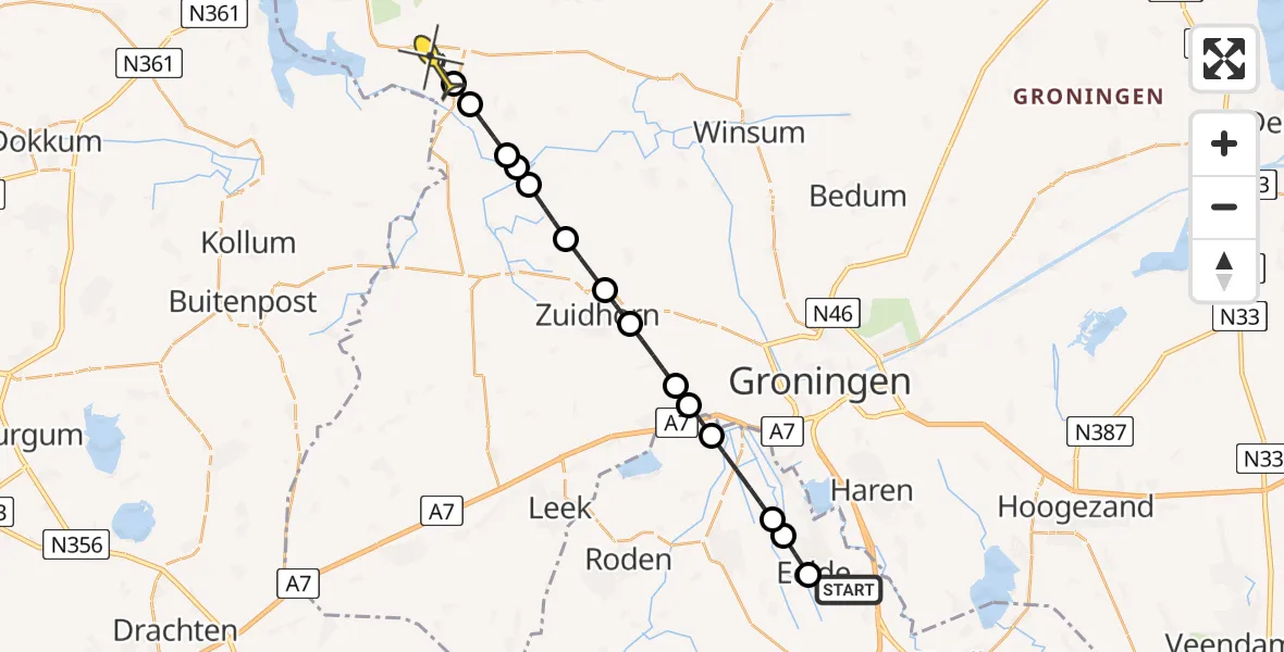 Routekaart van de vlucht: Lifeliner 4 naar Vierhuizen, Veldkampweg