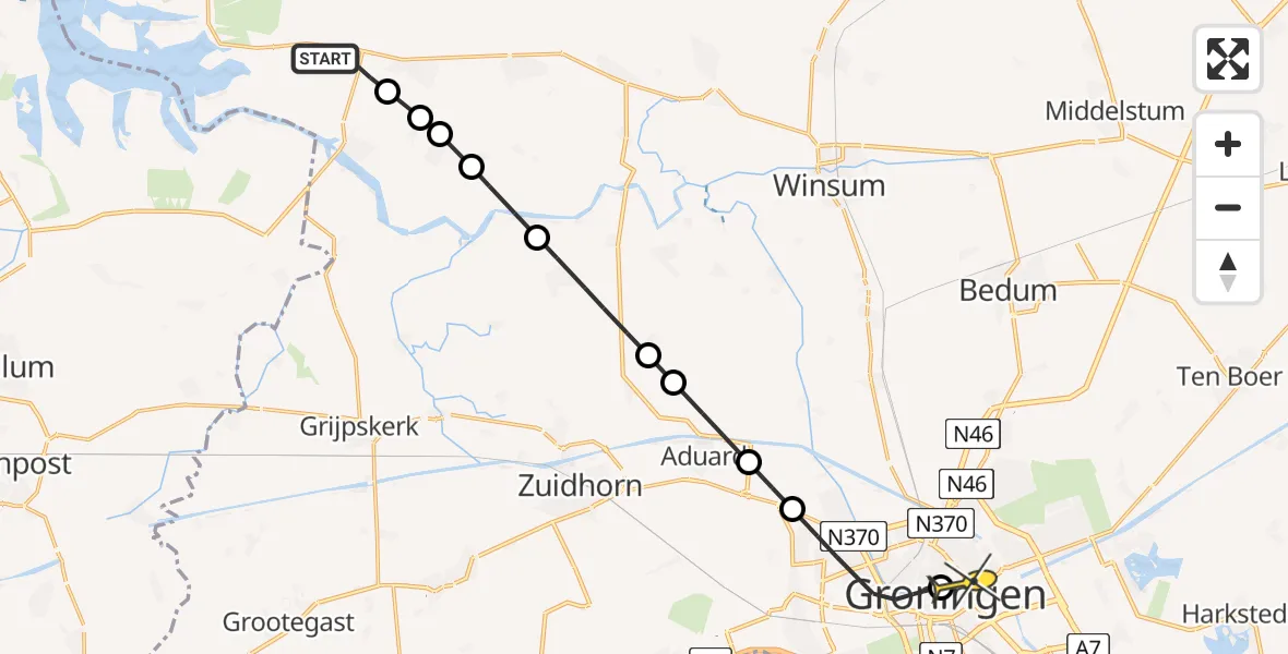 Routekaart van de vlucht: Lifeliner 4 naar Universitair Medisch Centrum Groningen, Menneweersterweg