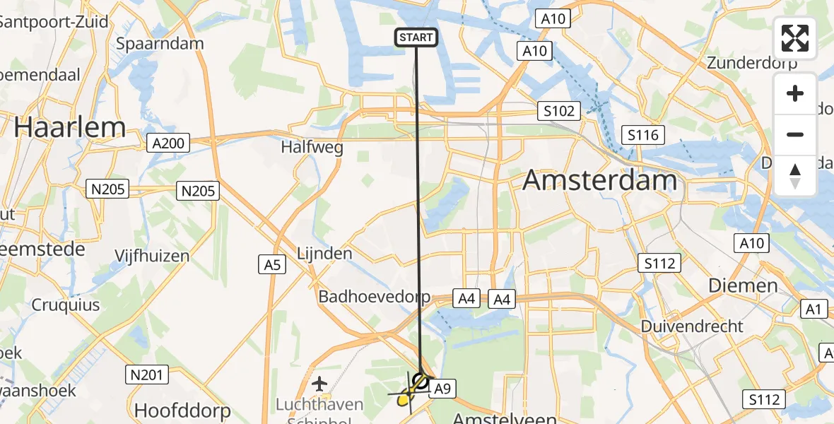 Vluchtroute Traumahelikopter van Amsterdam Heliport naar Schiphol