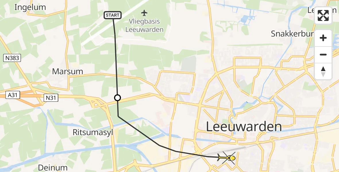 Vluchtroute Ambulancehelikopter van Vliegbasis Leeuwarden naar Leeuwarden