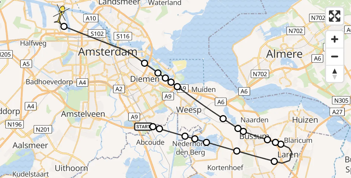 Routekaart van de vlucht: Lifeliner 1 naar Amsterdam Heliport, Spengenpad