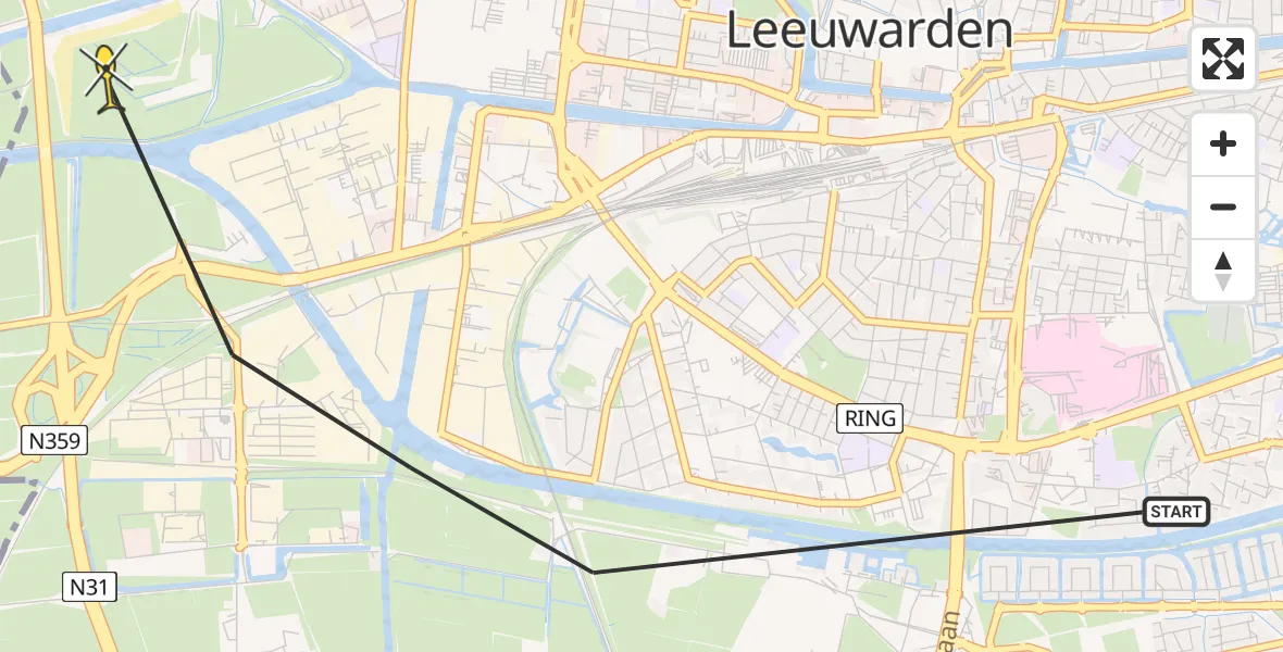 Vluchtroute Ambulancehelikopter van Leeuwarden naar Leeuwarden