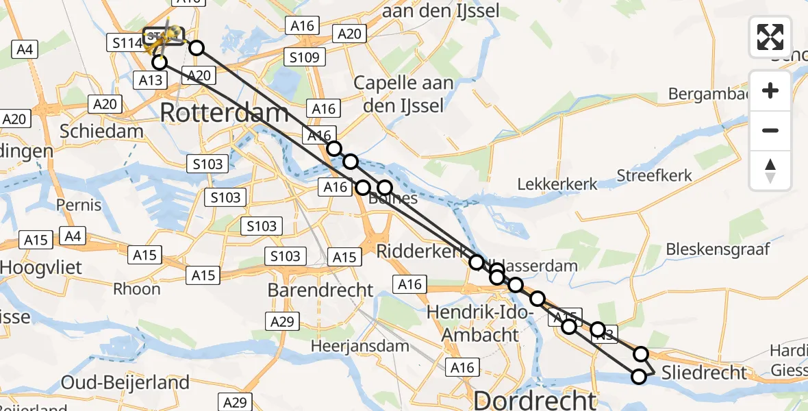 Vluchtroute Traumahelikopter Rotterdam The Hague Airport - Rotterdam The Hague Airport, 27 februari 2024, 10:48