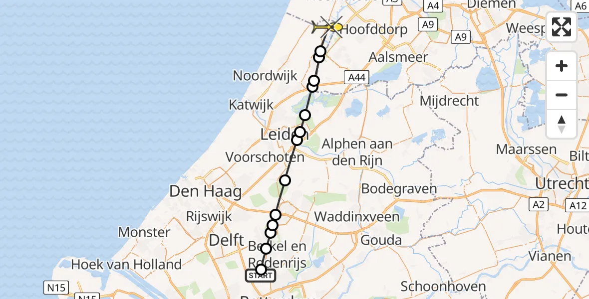 Routekaart van de vlucht: Lifeliner 2 naar Hillegom, Marconisingel