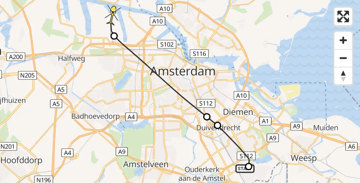 Routekaart van de vlucht: Lifeliner 1 naar Amsterdam Heliport, Gooiseweg