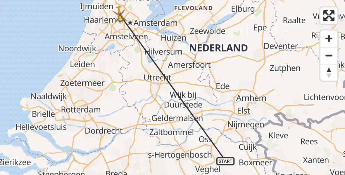 Vluchtroute Traumahelikopter van Vliegbasis Volkel naar Amsterdam Heliport