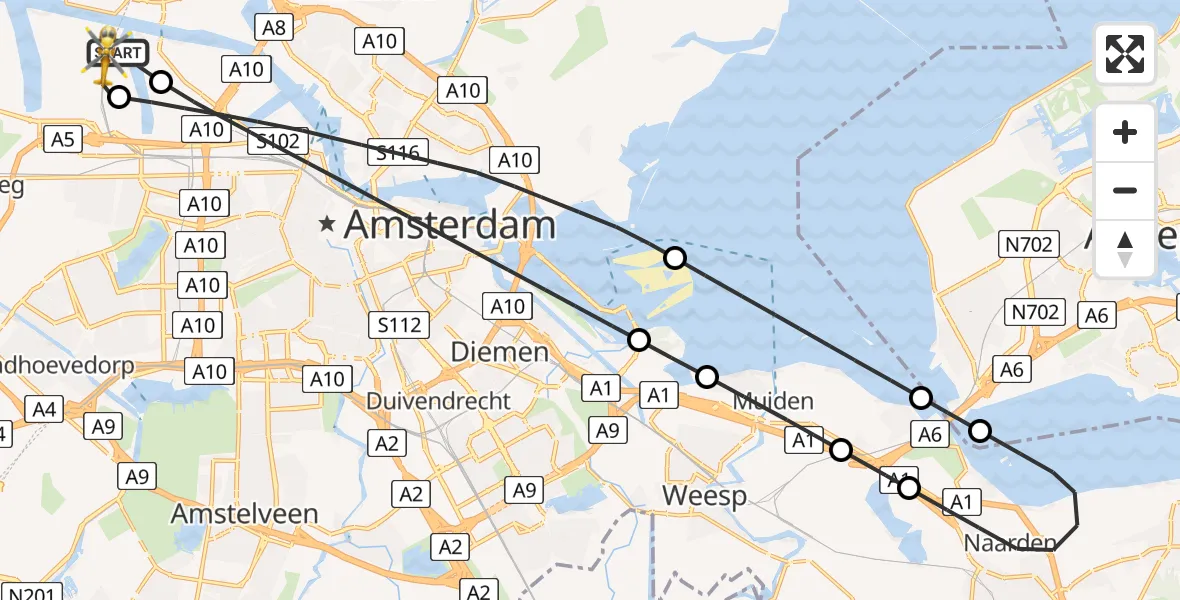 Vluchtroute Traumahelikopter van Amsterdam Heliport naar Amsterdam Heliport