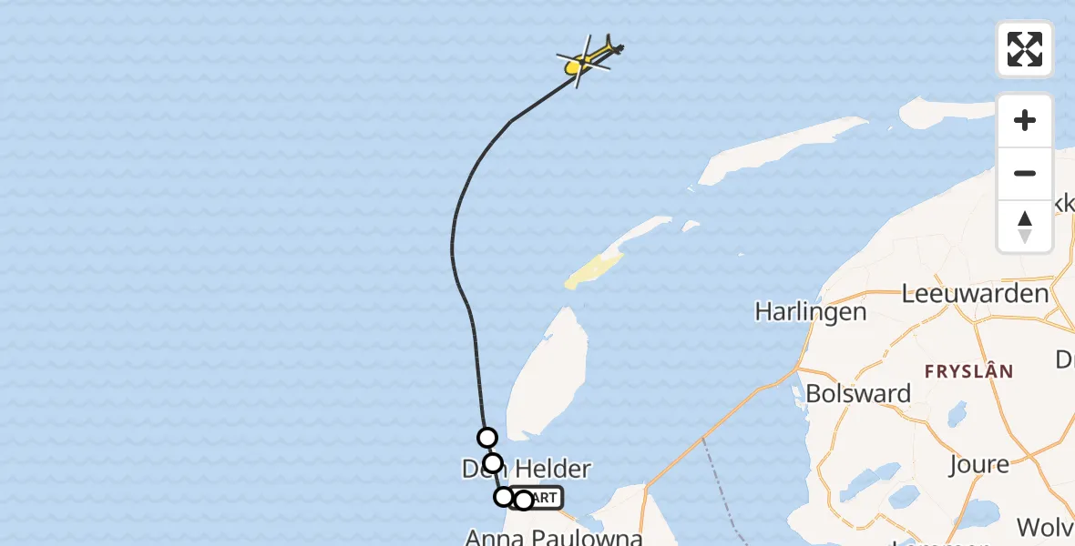 Routekaart van de vlucht: Kustwachthelikopter naar Kortevliet