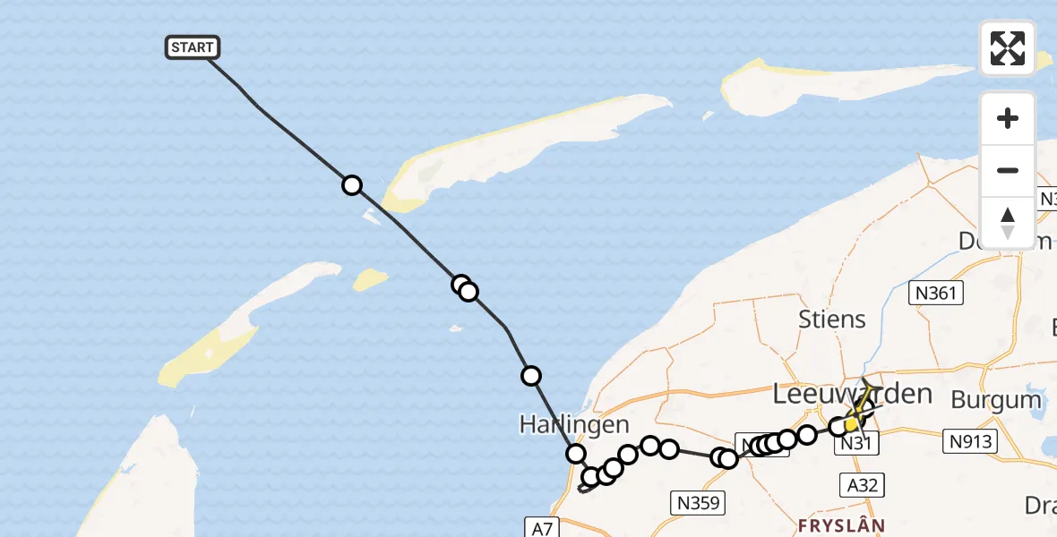 Routekaart van de vlucht: Kustwachthelikopter naar Leeuwarden, Borniastraat