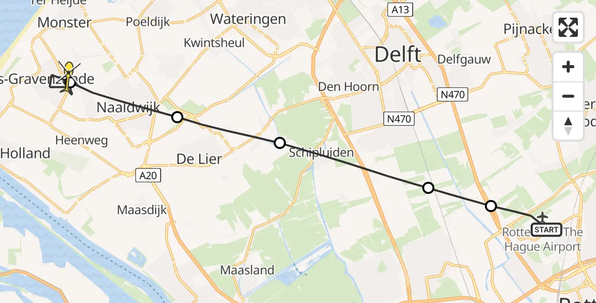 Routekaart van de vlucht: Lifeliner 2 naar 's-Gravenzande, Schieveensedijk