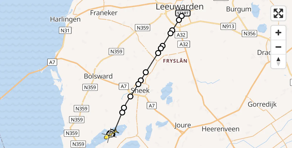 Routekaart van de vlucht: Kustwachthelikopter naar Elahuizen, Doedt Dekemadyk