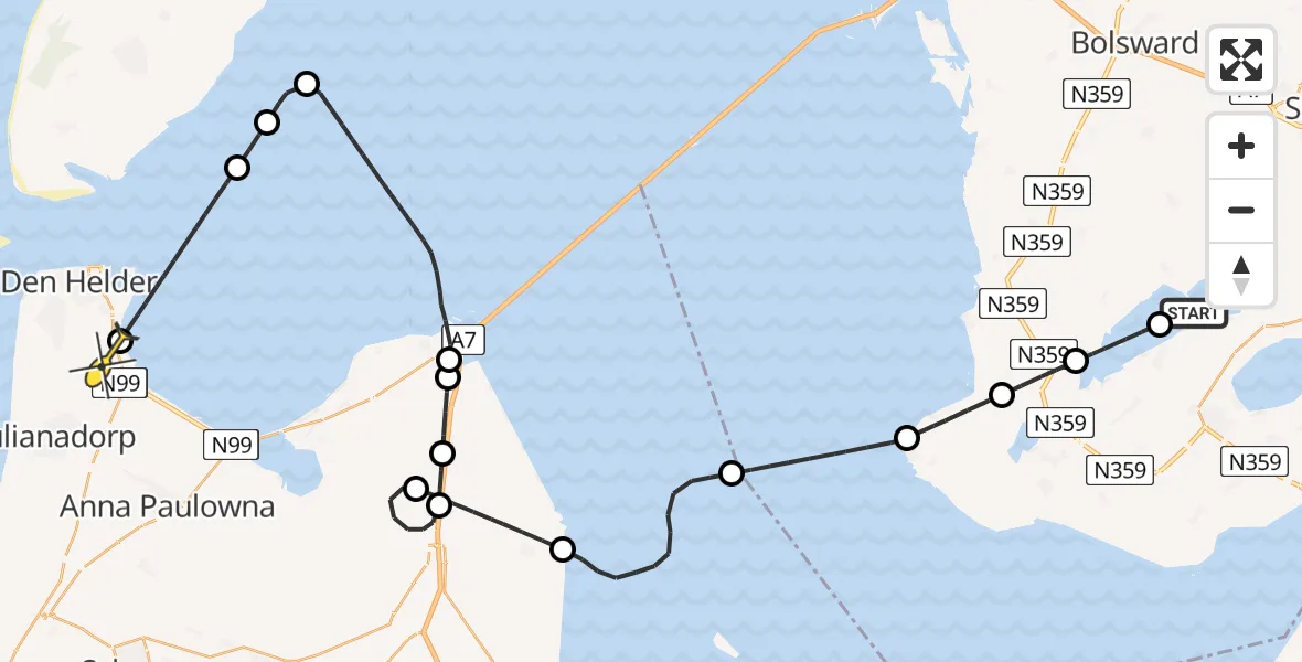 Routekaart van de vlucht: Kustwachthelikopter naar Vliegveld De Kooy, Mardyk