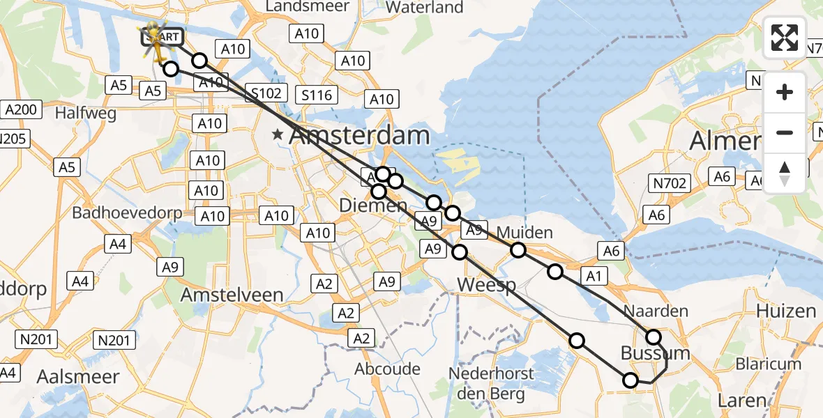 Vluchtroute Traumahelikopter van Amsterdam Heliport naar Amsterdam Heliport