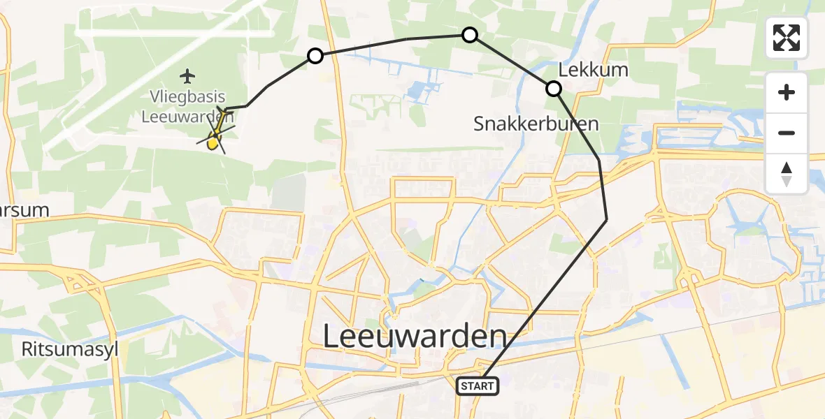 Vluchtroute Ambulancehelikopter van Leeuwarden naar Vliegbasis Leeuwarden