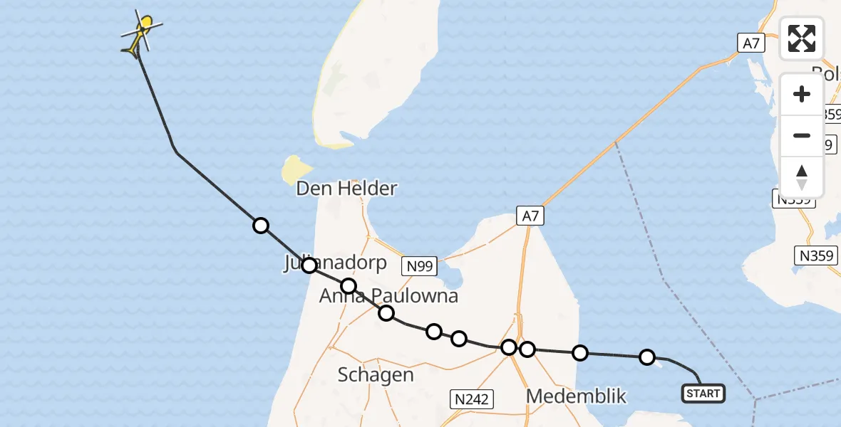 Routekaart van de vlucht: Kustwachthelikopter naar 