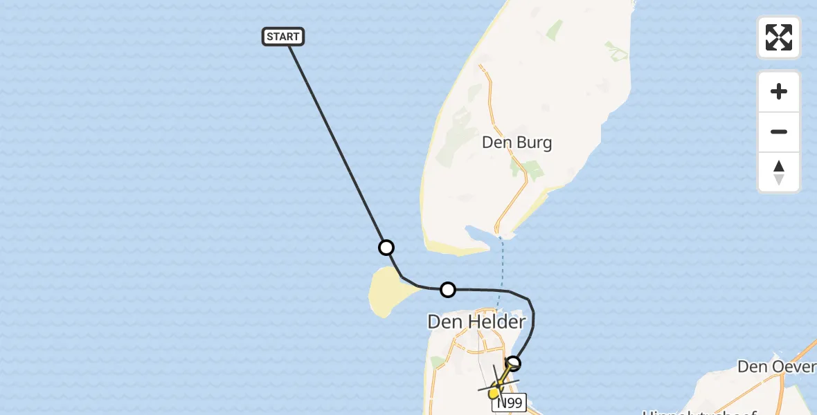 Routekaart van de vlucht: Kustwachthelikopter naar Vliegveld De Kooy, Molengat