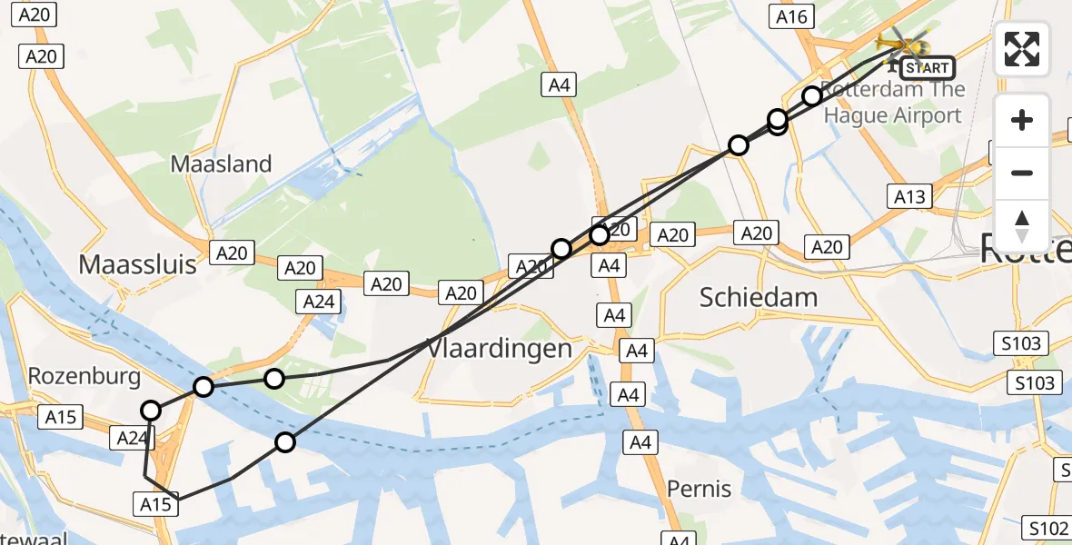 Vluchtroute Traumahelikopter Rotterdam The Hague Airport - Rotterdam The Hague Airport, 27 februari 2024, 20:27
