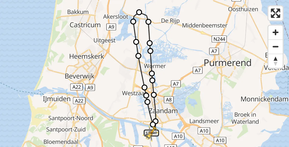 Vluchtroute Traumahelikopter van Amsterdam Heliport naar Amsterdam Heliport